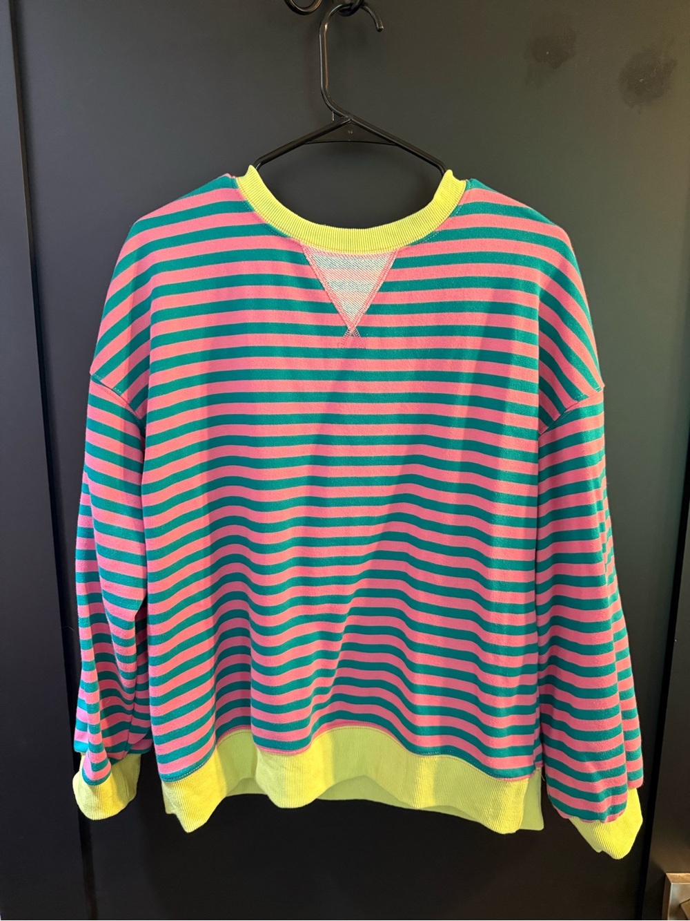 Amazon Women's Teal & Pink Striped Crewneck Sweater with Neon Yellow Trim